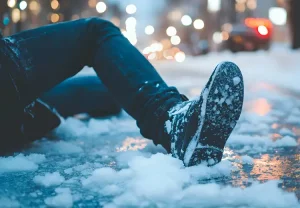Man laying on ground injured after falling on unshoveled sidewalk