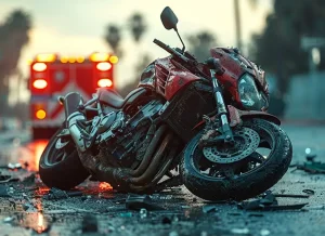 Crashed motorcycle in front of ambulance